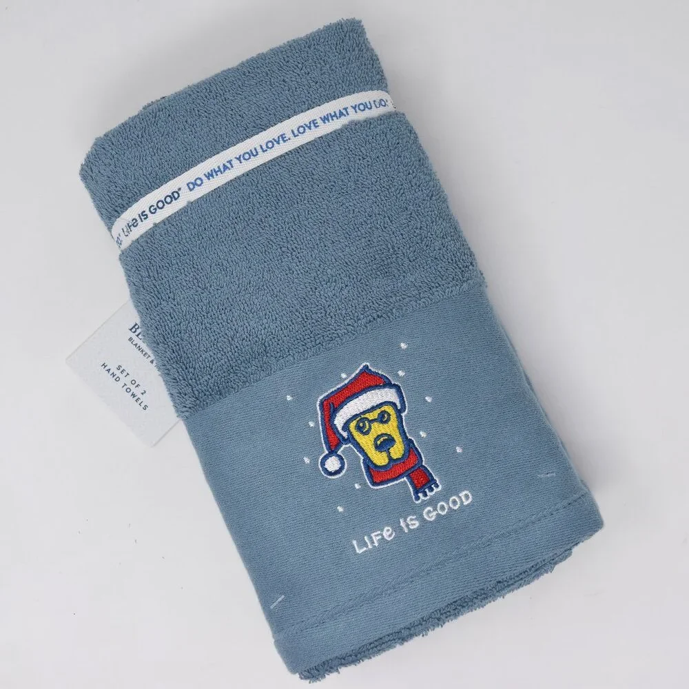 Life Is Good Dog Holiday Towels Blue Embroidered Winter Christmas Santa Set New